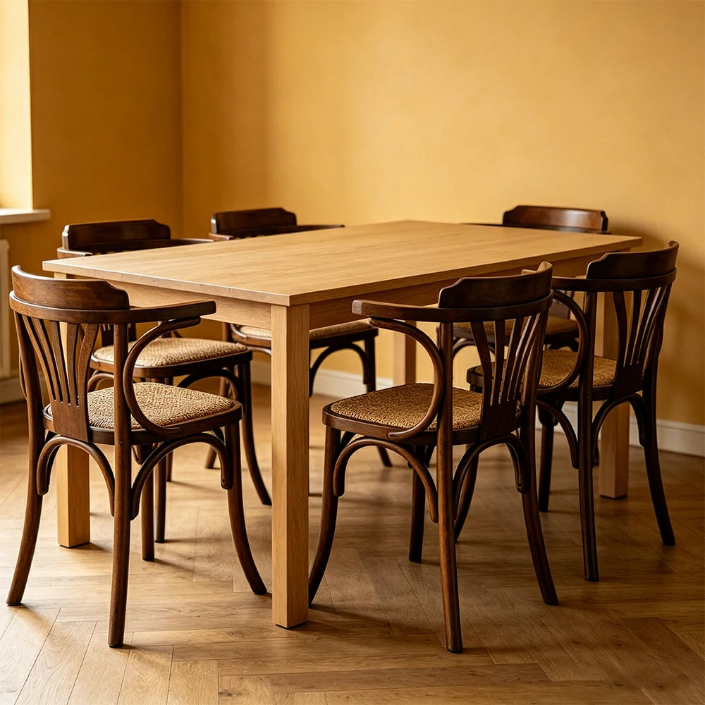 LIVARA Vintage Rattan Dining Chair Curved Wooden Backrest Integrated Armrests for Dining Room Cafe Study - Walnut