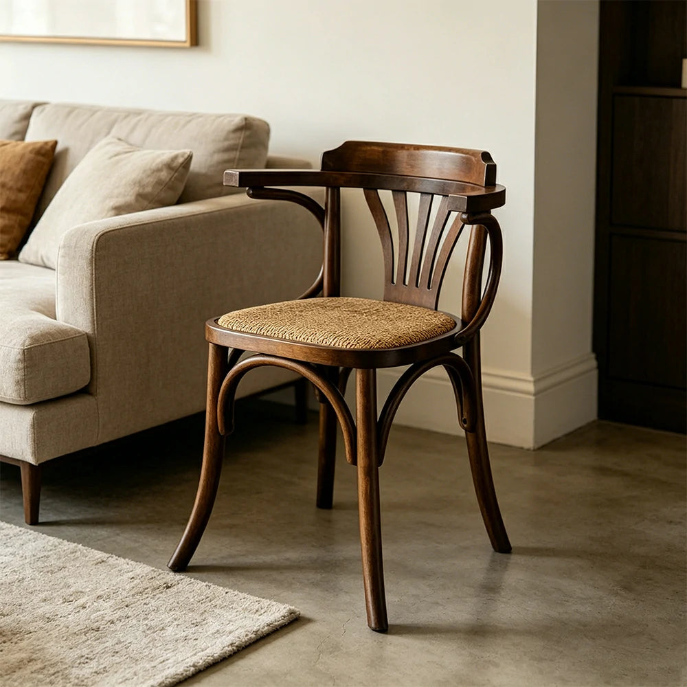 LIVARA Vintage Rattan Dining Chair Curved Wooden Backrest Integrated Armrests for Dining Room Cafe Study - Walnut