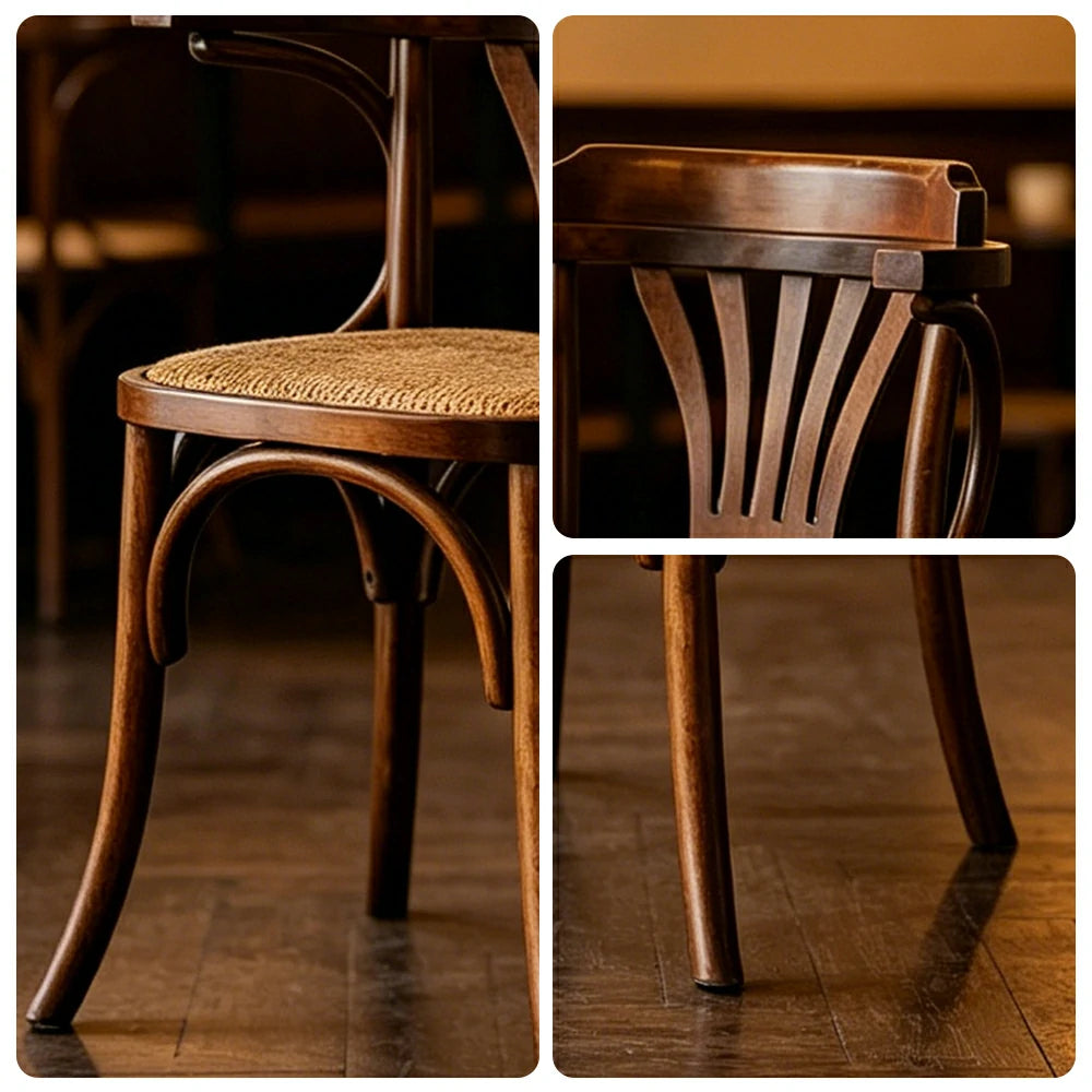 LIVARA Vintage Rattan Dining Chair Curved Wooden Backrest Integrated Armrests for Dining Room Cafe Study - Walnut
