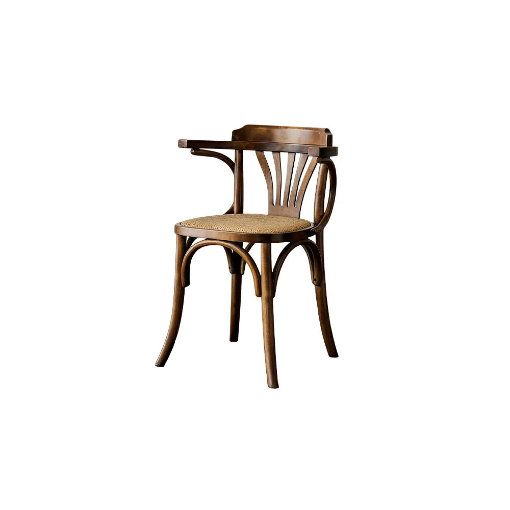LIVARA Vintage Rattan Dining Chair Curved Wooden Backrest Integrated Armrests for Dining Room Cafe Study - Walnut