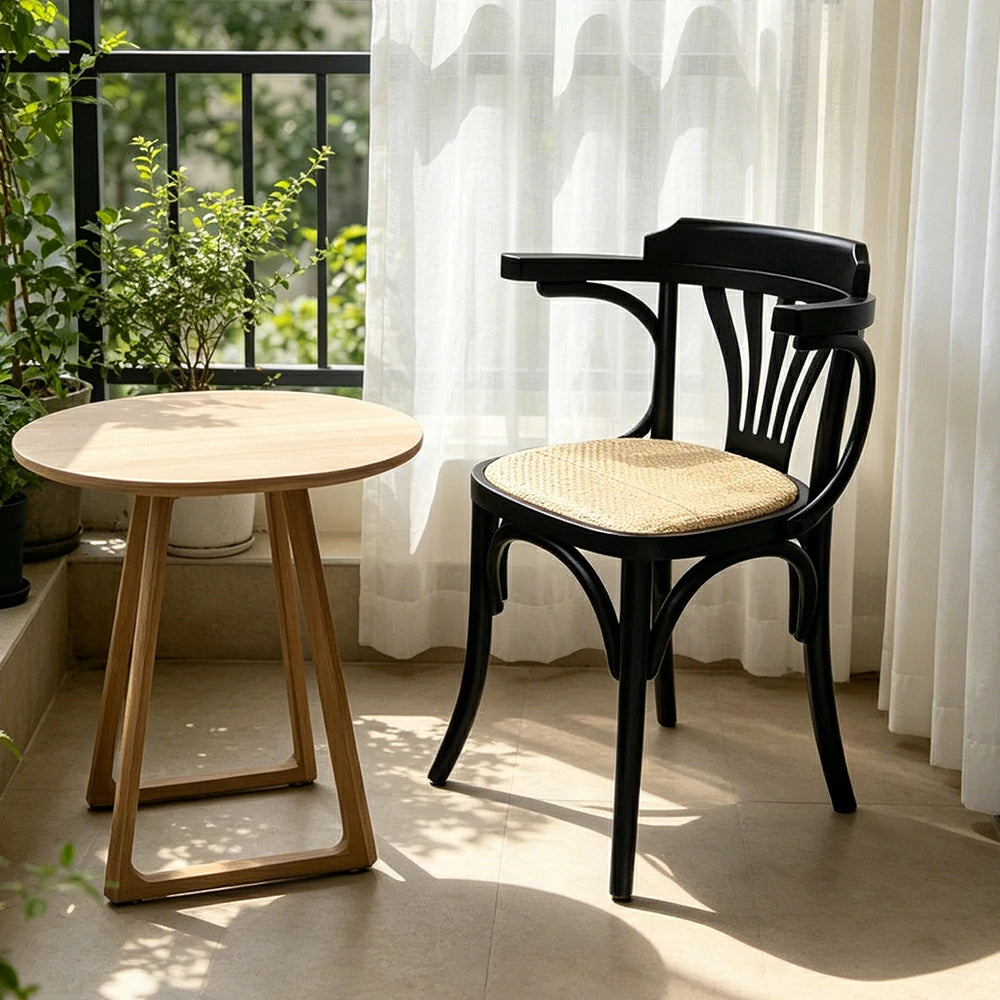 LIVARA Vintage Rattan Dining Chair Curved Wooden Backrest Integrated Armrests for Dining Room Cafe Study - Black