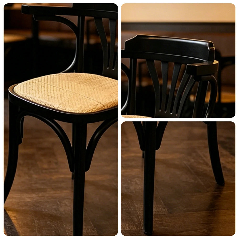 LIVARA Vintage Rattan Dining Chair Curved Wooden Backrest Integrated Armrests for Dining Room Cafe Study - Black