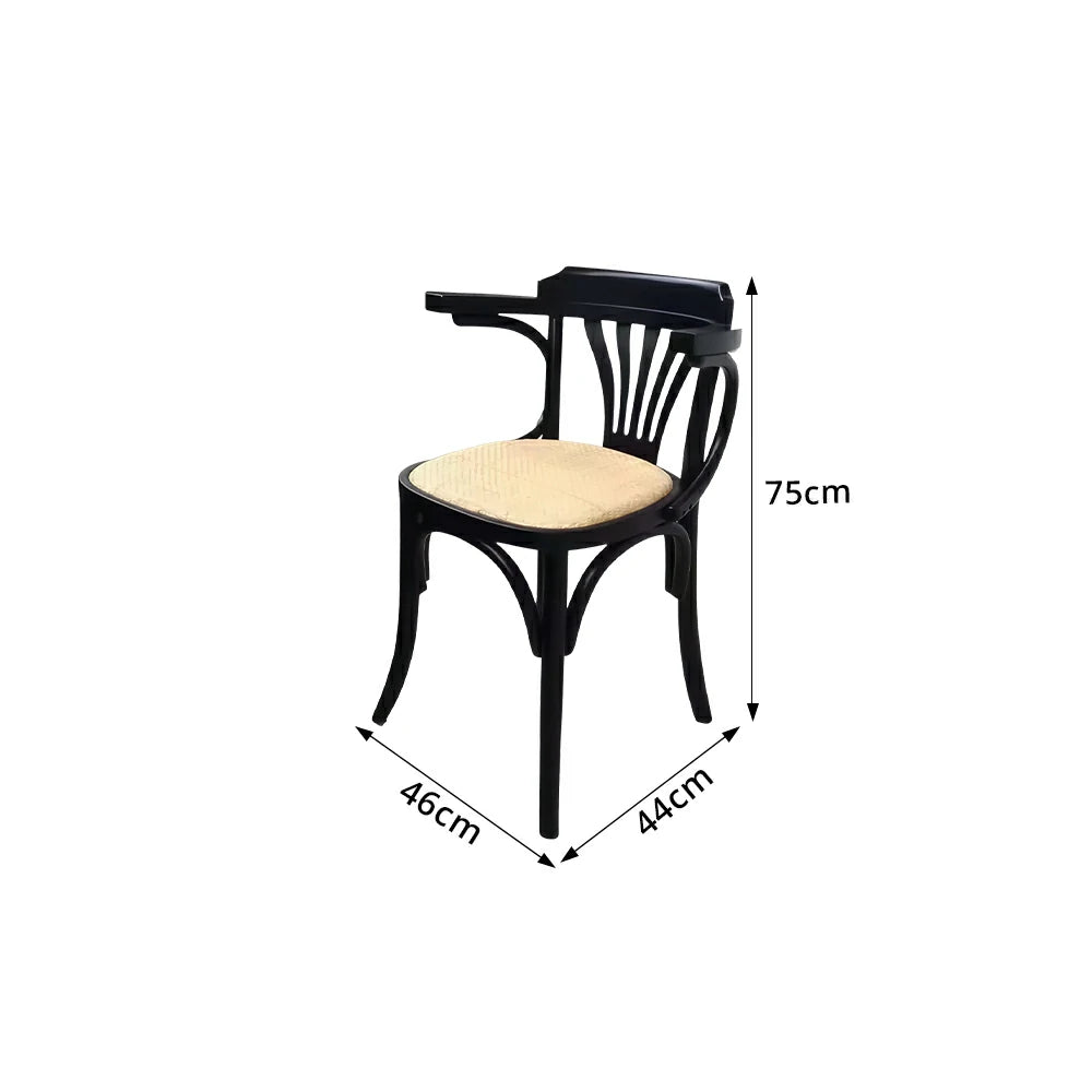 LIVARA Vintage Rattan Dining Chair Curved Wooden Backrest Integrated Armrests for Dining Room Cafe Study - Black