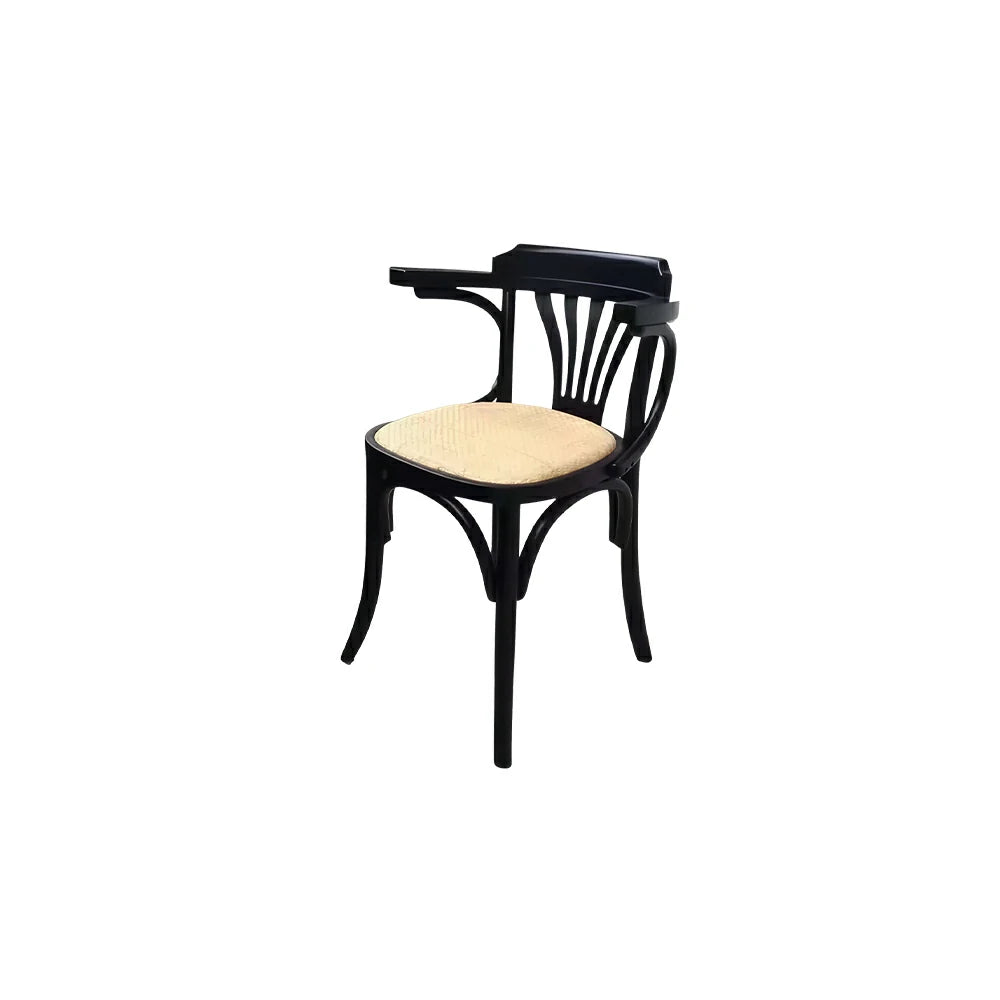 LIVARA Vintage Rattan Dining Chair Curved Wooden Backrest Integrated Armrests for Dining Room Cafe Study - Black