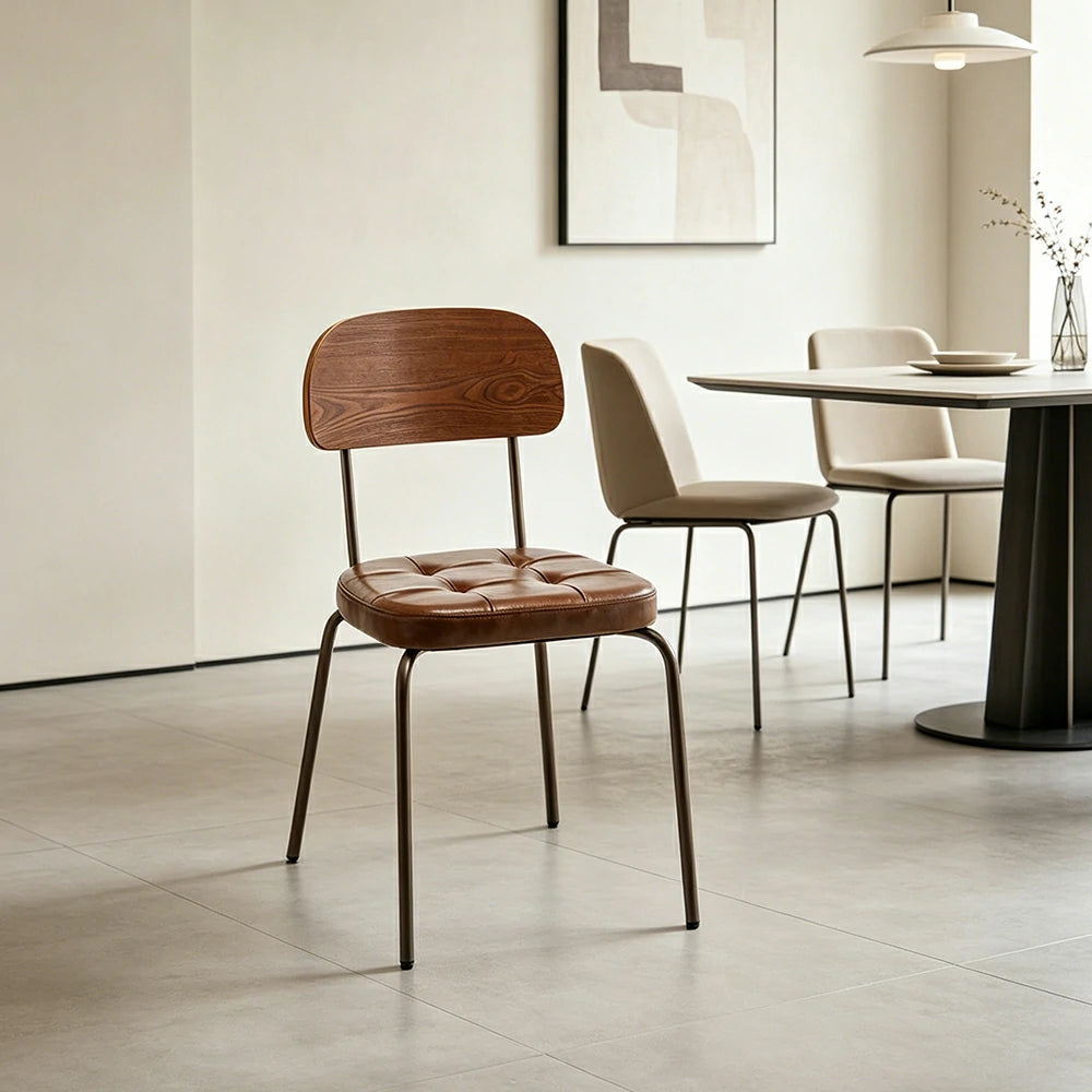 LIVARA Mid Century Dining Chair PU Leather Seat Curved Wooden Backrest for Dining Room Cafe Study - Brown