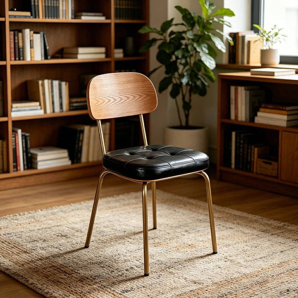 LIVARA Mid Century Dining Chair PU Leather Seat Curved Wooden Backrest for Dining Room Cafe Study - Black