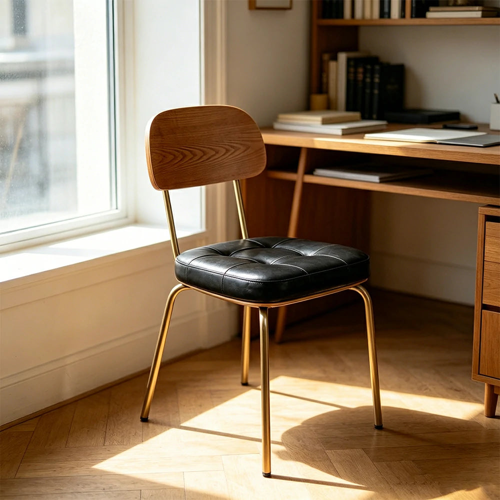 LIVARA Mid Century Dining Chair PU Leather Seat Curved Wooden Backrest for Dining Room Cafe Study - Black