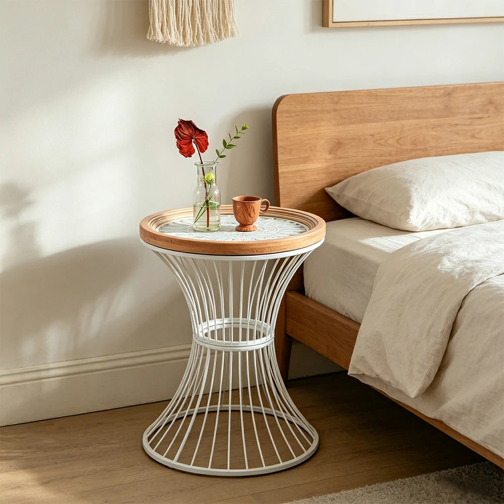 LIVARA French Vintage Side Table Carved Tabletop Distressed Finish Iron Base for Living Room Bedroom - White