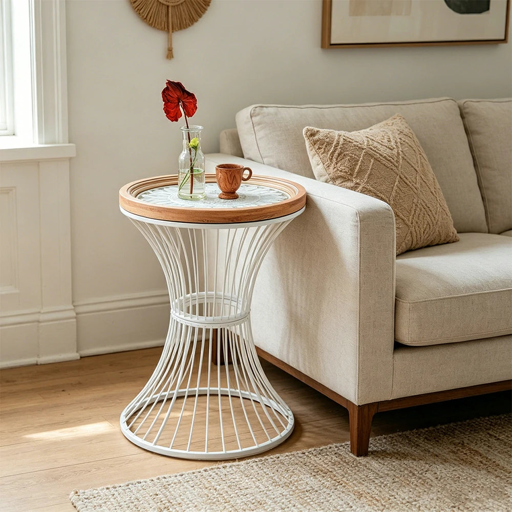 LIVARA French Vintage Side Table Carved Tabletop Distressed Finish Iron Base for Living Room Bedroom - White