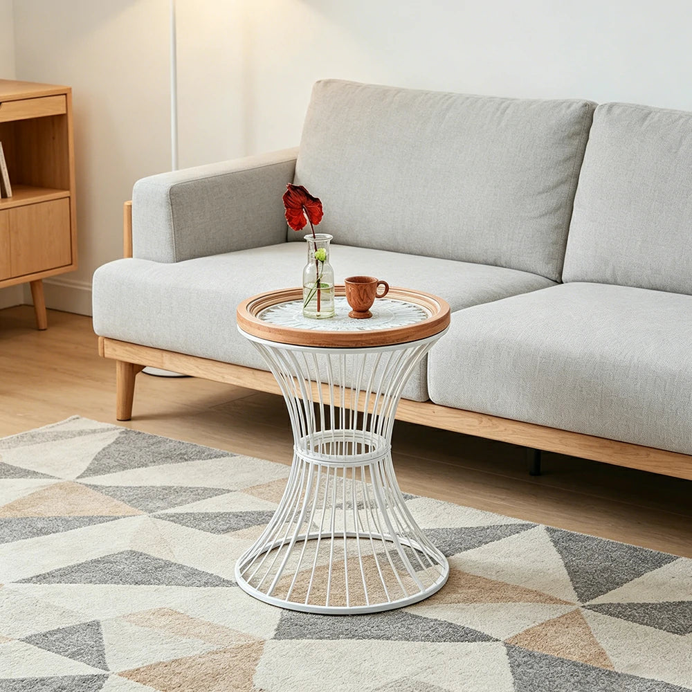 LIVARA French Vintage Side Table Carved Tabletop Distressed Finish Iron Base for Living Room Bedroom - White