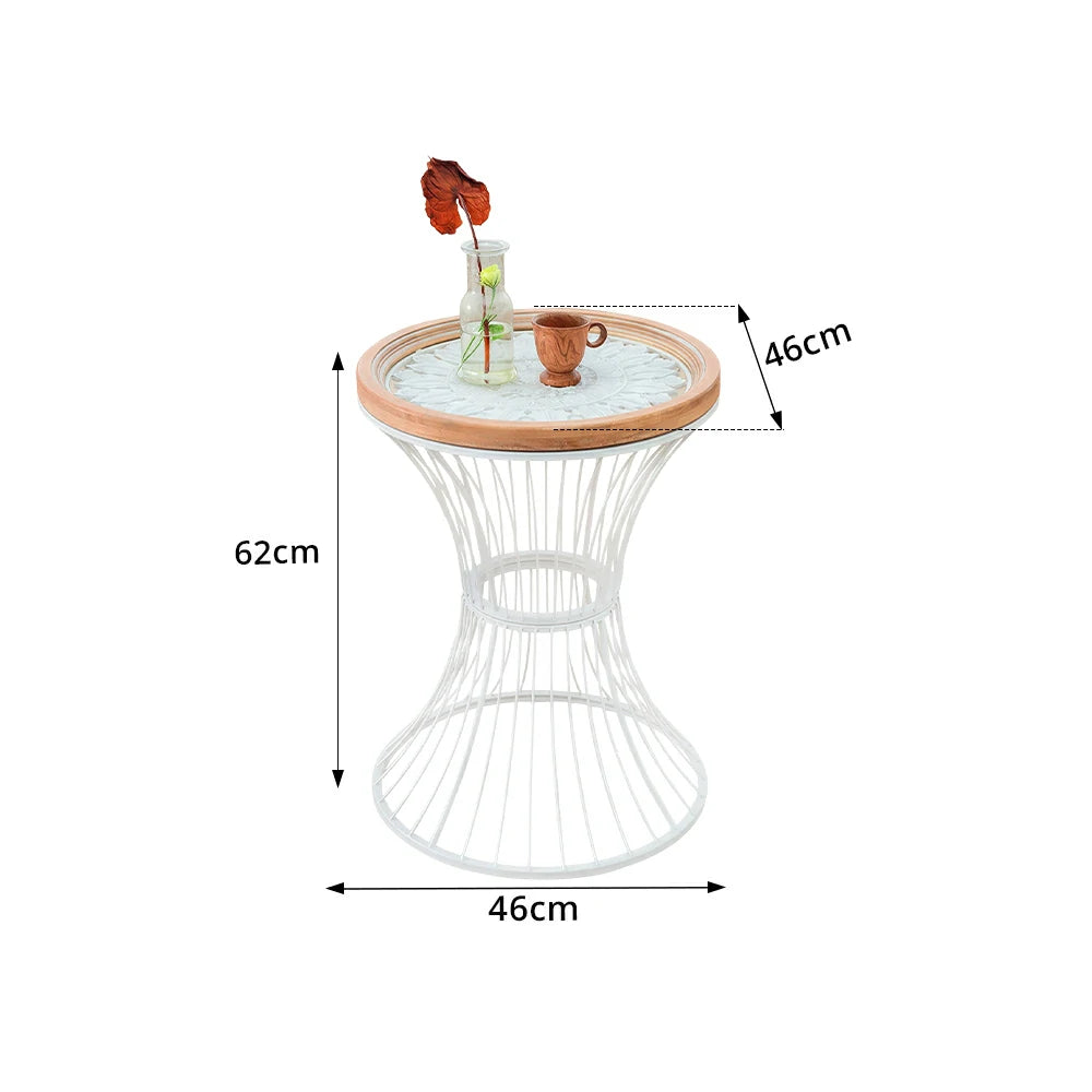 LIVARA French Vintage Side Table Carved Tabletop Distressed Finish Iron Base for Living Room Bedroom - White
