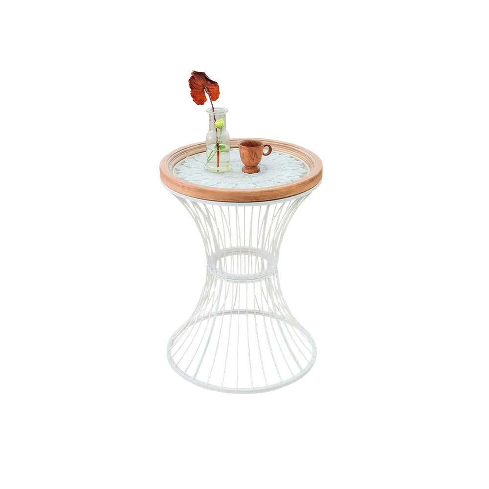LIVARA French Vintage Side Table Carved Tabletop Distressed Finish Iron Base for Living Room Bedroom - White