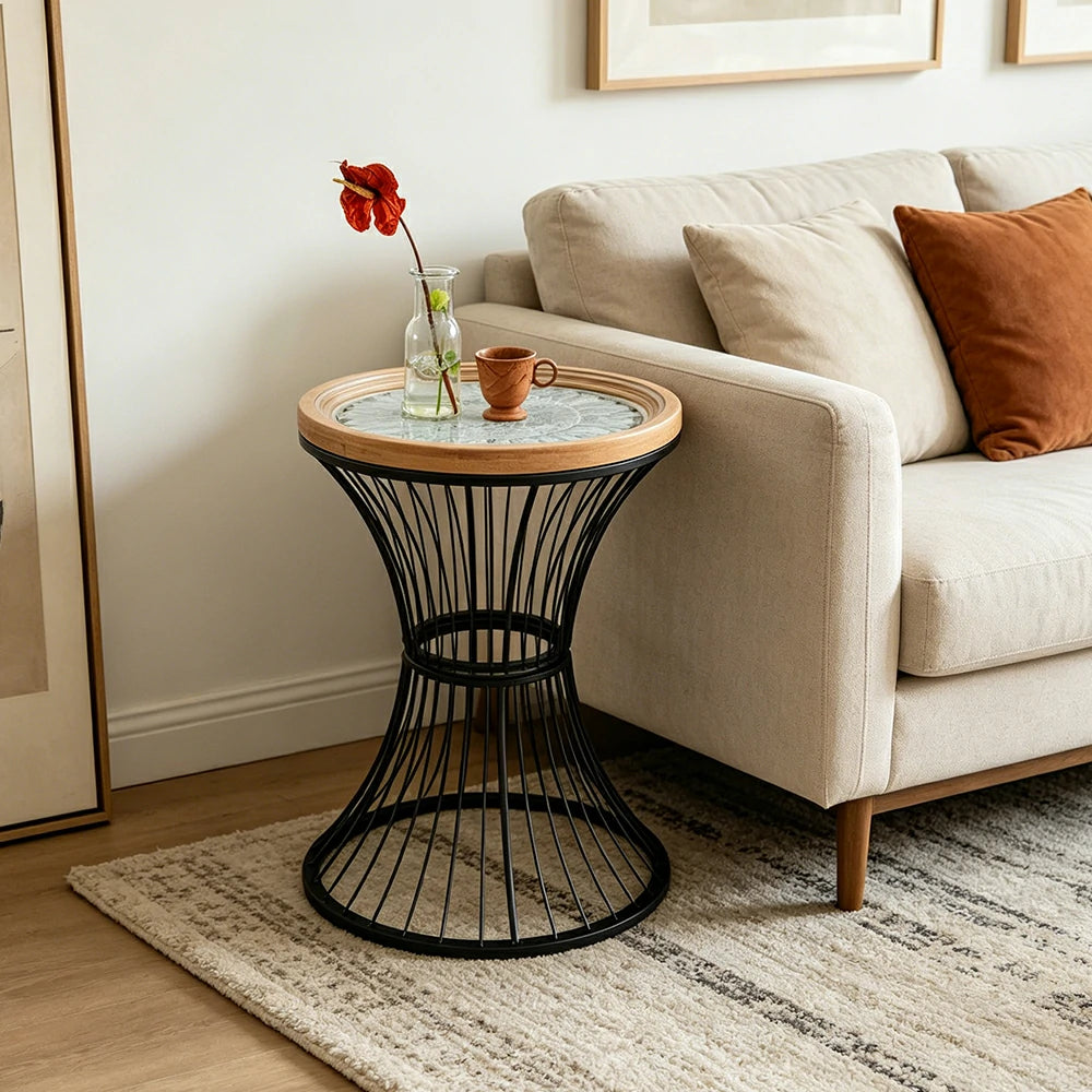 LIVARA French Vintage Side Table Carved Tabletop Distressed Finish Iron Base for Living Room Bedroom - Black