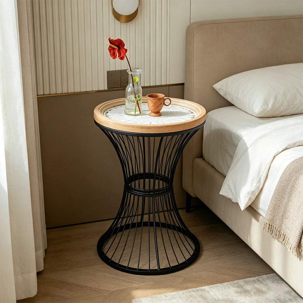 LIVARA French Vintage Side Table Carved Tabletop Distressed Finish Iron Base for Living Room Bedroom - Black