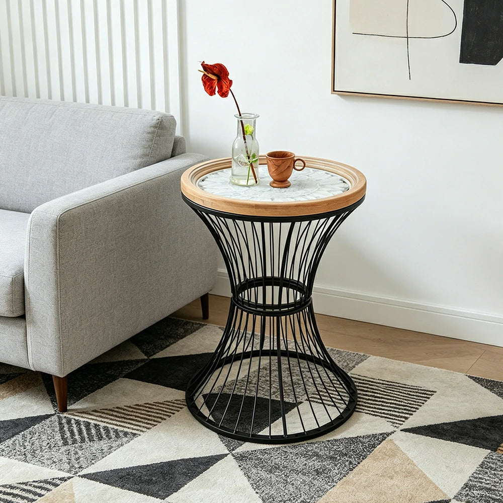 LIVARA French Vintage Side Table Carved Tabletop Distressed Finish Iron Base for Living Room Bedroom - Black