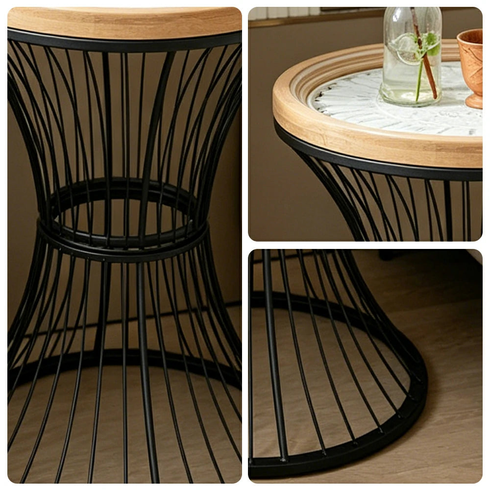 LIVARA French Vintage Side Table Carved Tabletop Distressed Finish Iron Base for Living Room Bedroom - Black