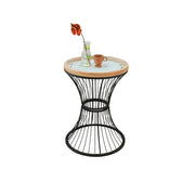 LIVARA French Vintage Side Table Carved Tabletop Distressed Finish Iron Base for Living Room Bedroom - Black