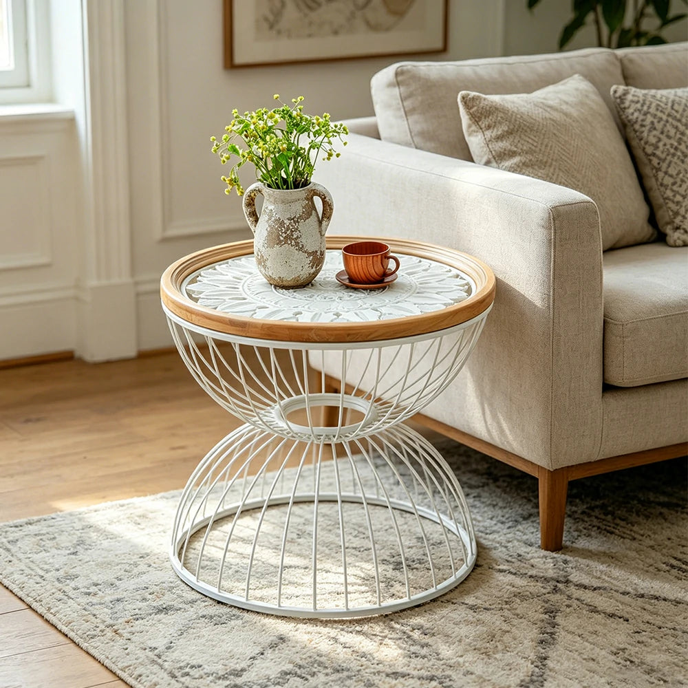 LIVARA Round Carved Side Table Lightweight Iron Base Sofa Friendly Height for Bedside Reading Corner - White