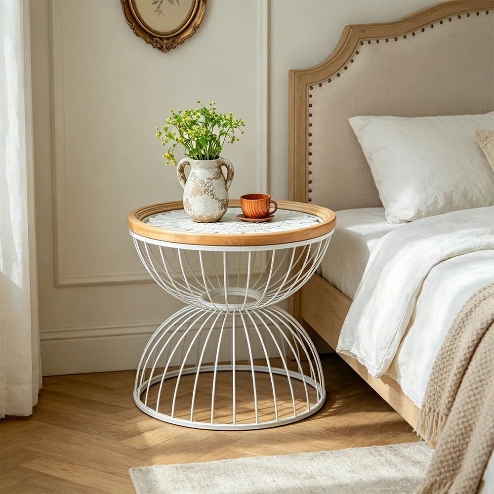 LIVARA Round Carved Side Table Lightweight Iron Base Sofa Friendly Height for Bedside Reading Corner - White