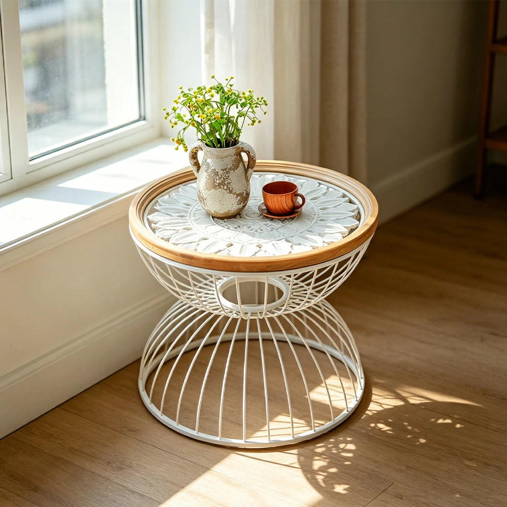 LIVARA Round Carved Side Table Lightweight Iron Base Sofa Friendly Height for Bedside Reading Corner - White