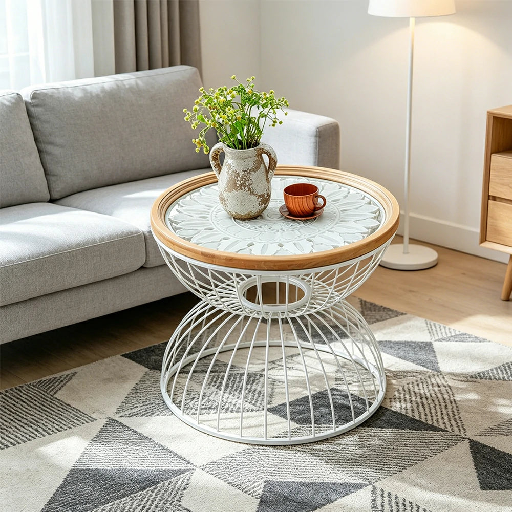 LIVARA Round Carved Side Table Lightweight Iron Base Sofa Friendly Height for Bedside Reading Corner - White