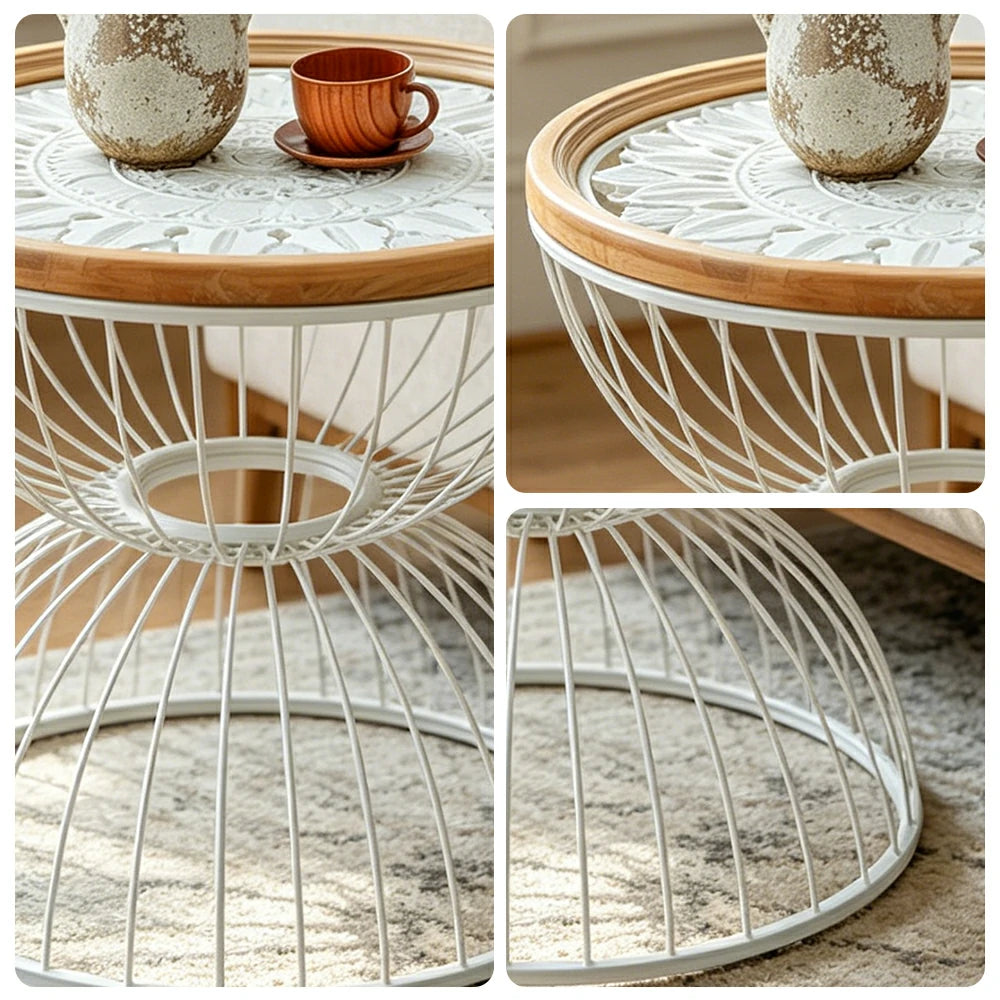LIVARA Round Carved Side Table Lightweight Iron Base Sofa Friendly Height for Bedside Reading Corner - White