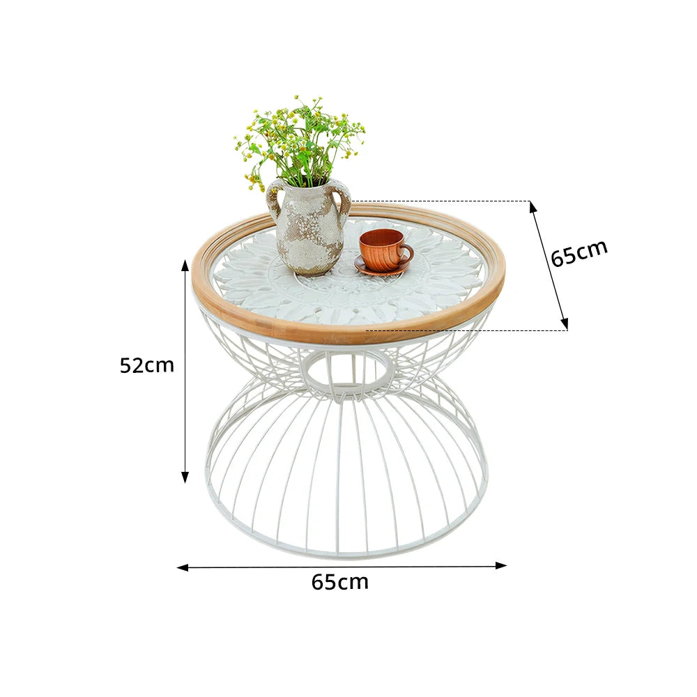 LIVARA Round Carved Side Table Lightweight Iron Base Sofa Friendly Height for Bedside Reading Corner - White