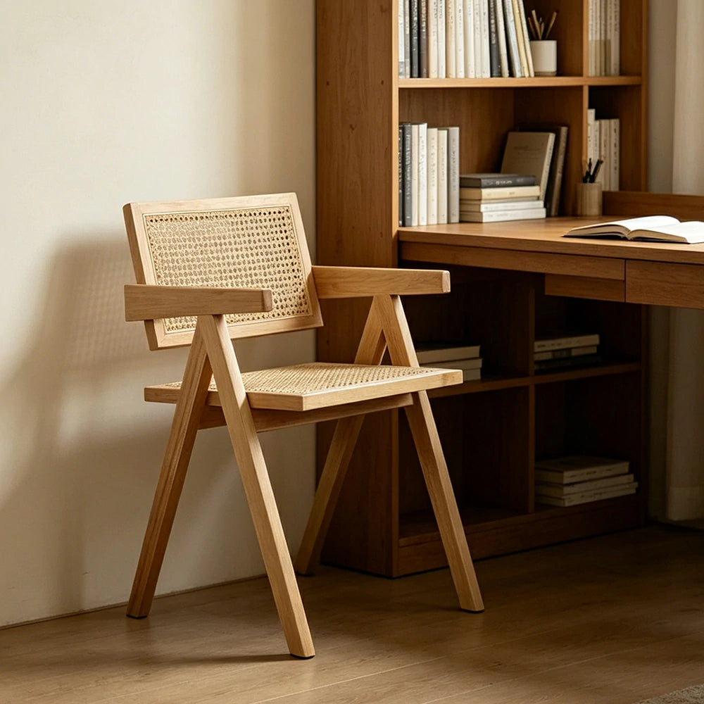 LIVARA Solid Wood Rattan Chair with Handwoven Seat and Armrests for Dining Room, Study and Home Office - Wood