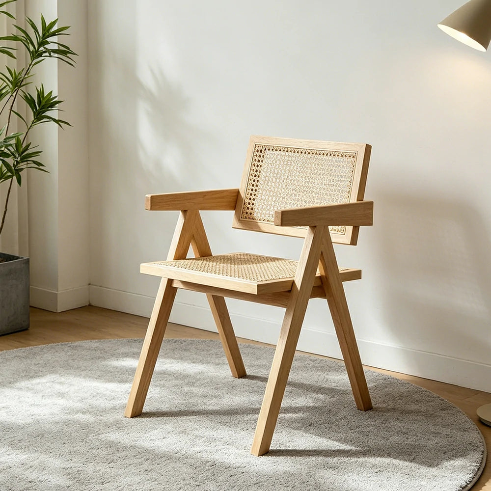 LIVARA Solid Wood Rattan Chair with Handwoven Seat and Armrests for Dining Room, Study and Home Office - Wood