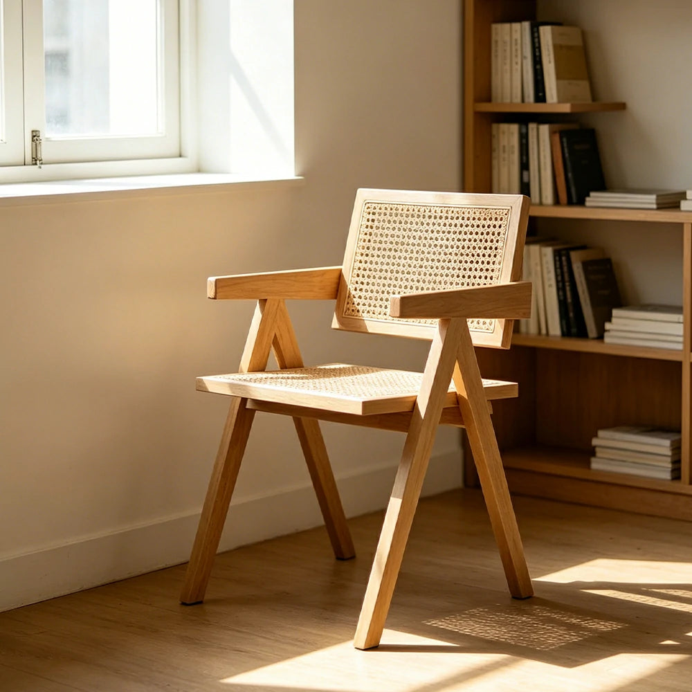 LIVARA Solid Wood Rattan Chair with Handwoven Seat and Armrests for Dining Room, Study and Home Office - Wood