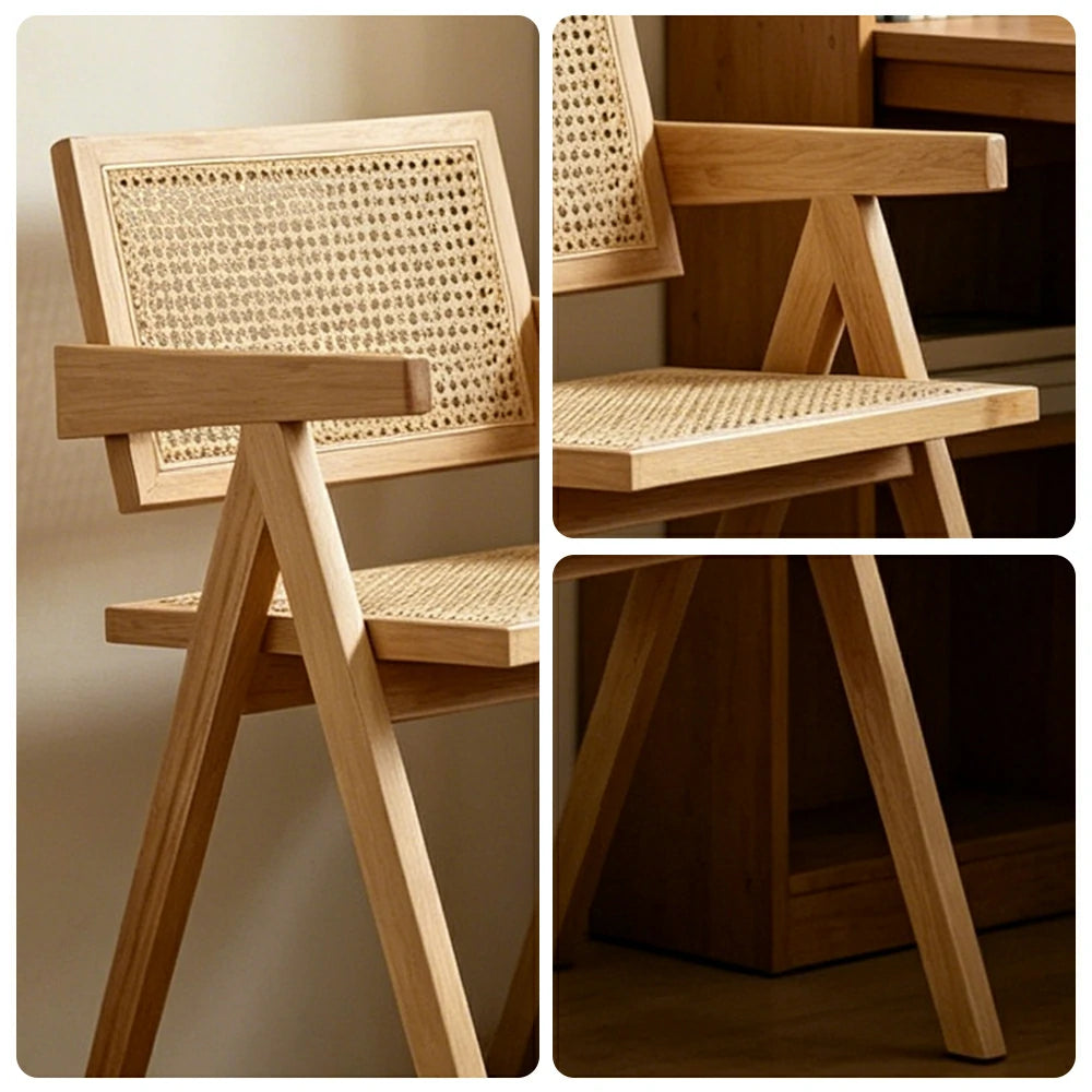 LIVARA Solid Wood Rattan Chair with Handwoven Seat and Armrests for Dining Room, Study and Home Office - Wood