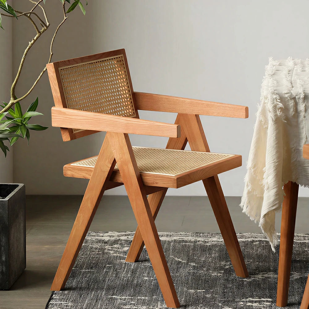 LIVARA Solid Wood Rattan Chair with Handwoven Seat and Armrests for Dining Room, Study and Home Office - Cherry