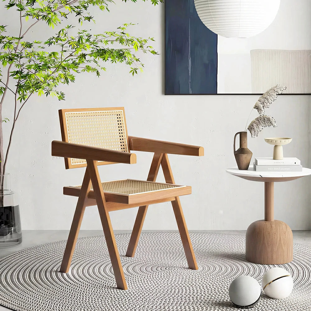 LIVARA Solid Wood Rattan Chair with Handwoven Seat and Armrests for Dining Room, Study and Home Office - Cherry