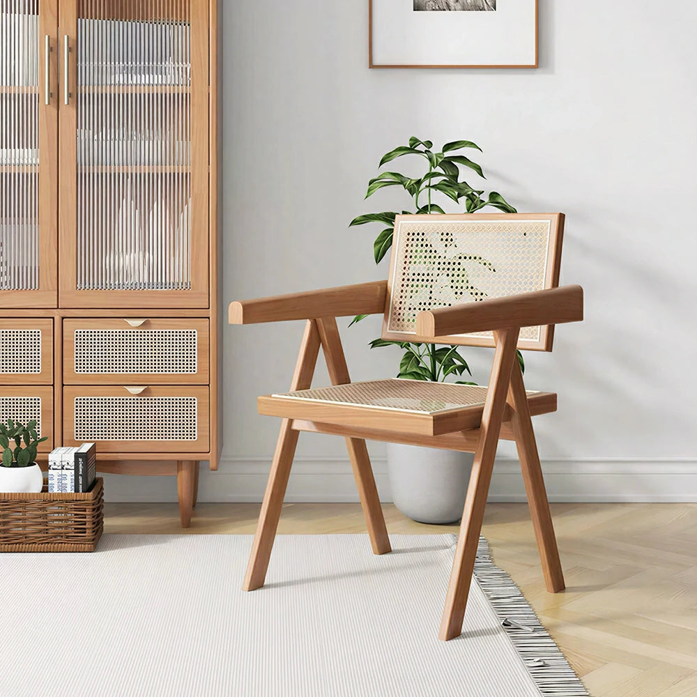 LIVARA Solid Wood Rattan Chair with Handwoven Seat and Armrests for Dining Room, Study and Home Office - Cherry