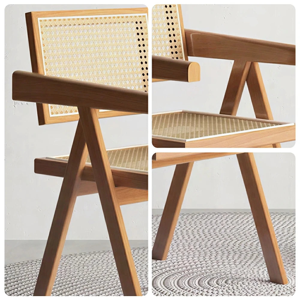 LIVARA Solid Wood Rattan Chair with Handwoven Seat and Armrests for Dining Room, Study and Home Office - Cherry