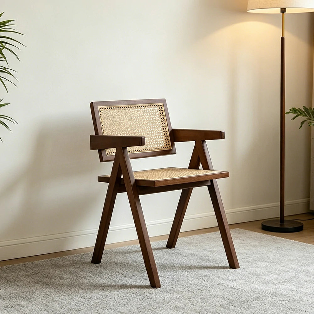 LIVARA Solid Wood Rattan Chair with Handwoven Seat and Armrests for Dining Room, Study and Home Office - Walnut