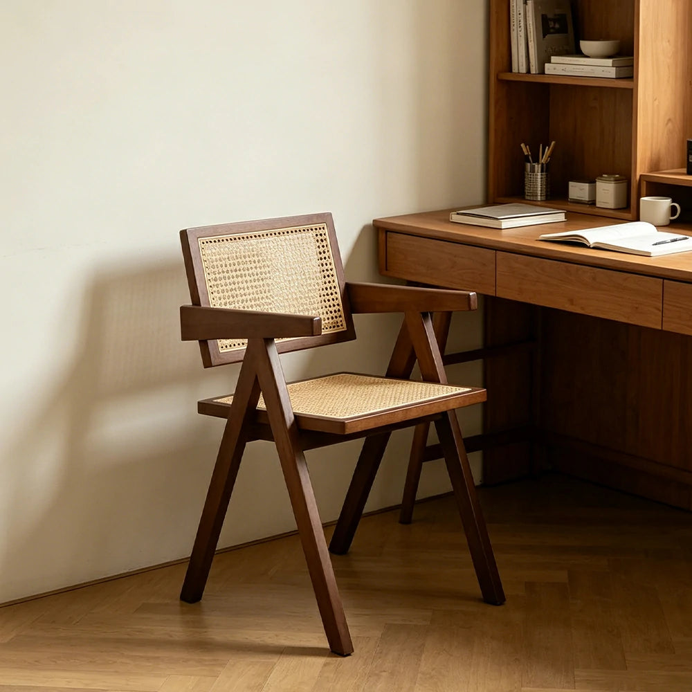LIVARA Solid Wood Rattan Chair with Handwoven Seat and Armrests for Dining Room, Study and Home Office - Walnut