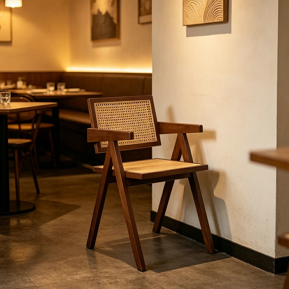 LIVARA Solid Wood Rattan Chair with Handwoven Seat and Armrests for Dining Room, Study and Home Office - Walnut