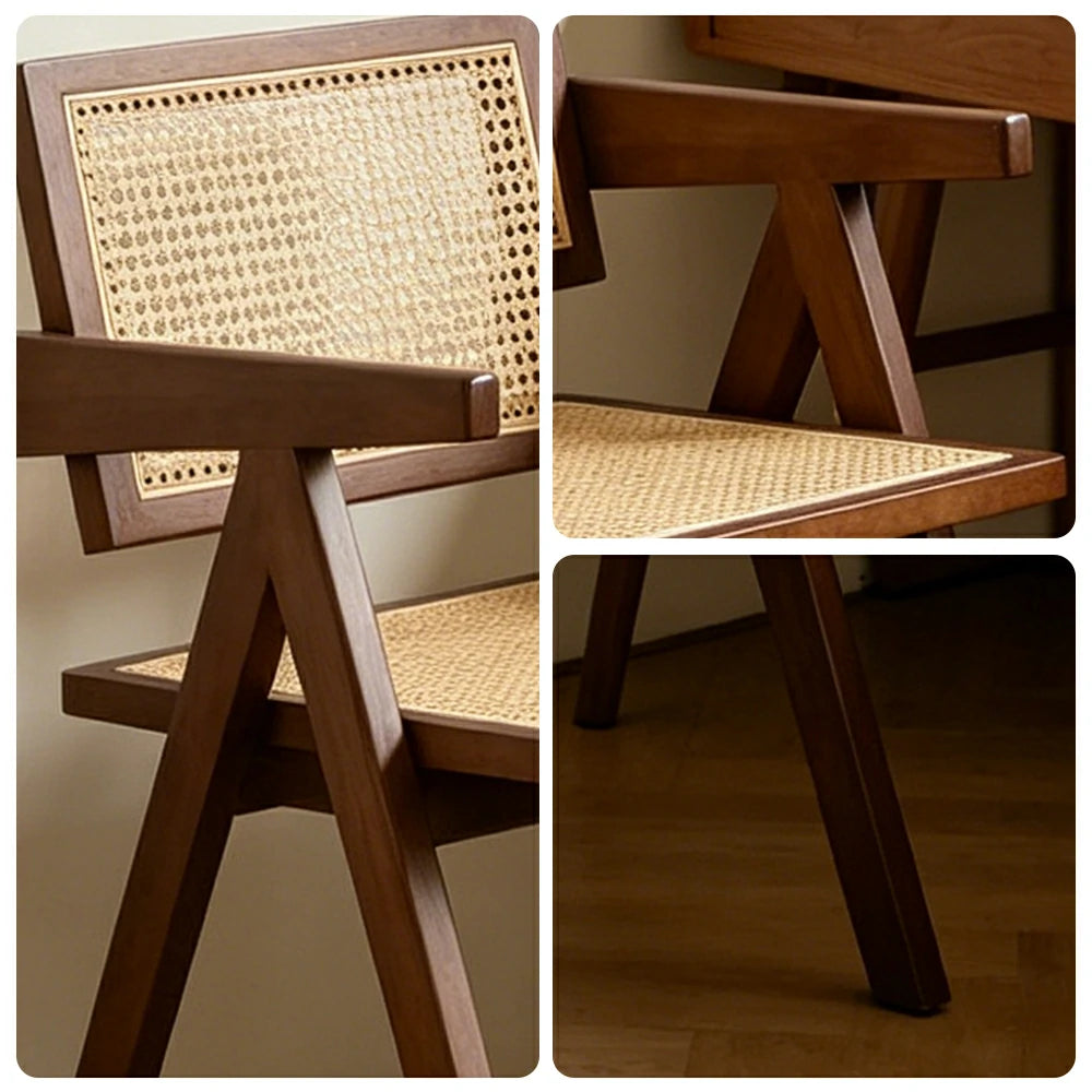 LIVARA Solid Wood Rattan Chair with Handwoven Seat and Armrests for Dining Room, Study and Home Office - Walnut