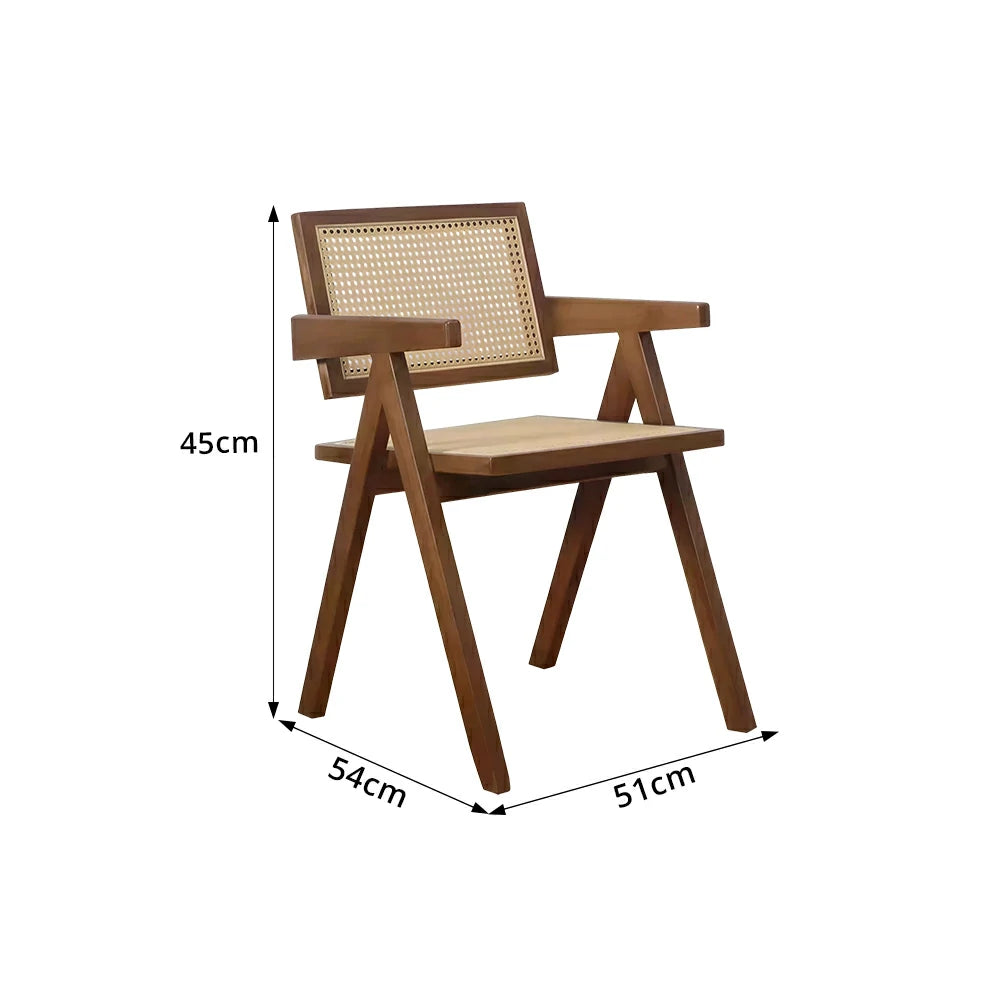 LIVARA Solid Wood Rattan Chair with Handwoven Seat and Armrests for Dining Room, Study and Home Office - Walnut