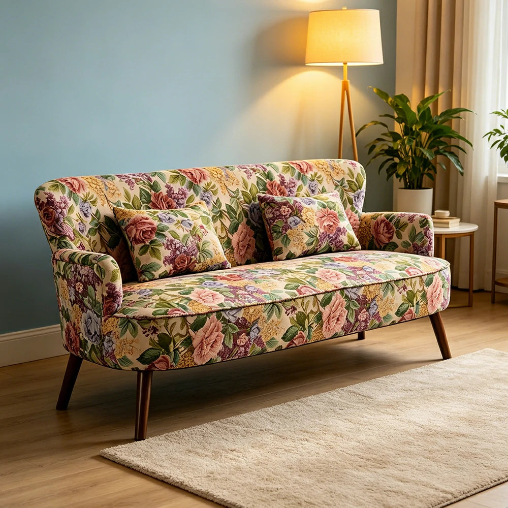 LIVARA Vintage Peony Fabric Sofa with Solid Wood Legs for Living Room - Walnut