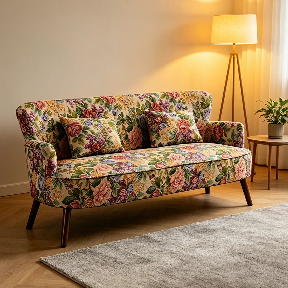 LIVARA Vintage Peony Fabric Sofa with Solid Wood Legs for Living Room - Walnut