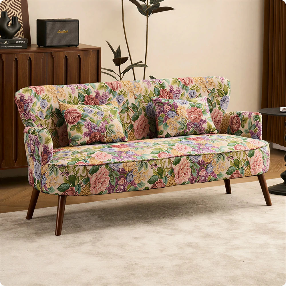 LIVARA Vintage Peony Fabric Sofa with Solid Wood Legs for Living Room - Walnut