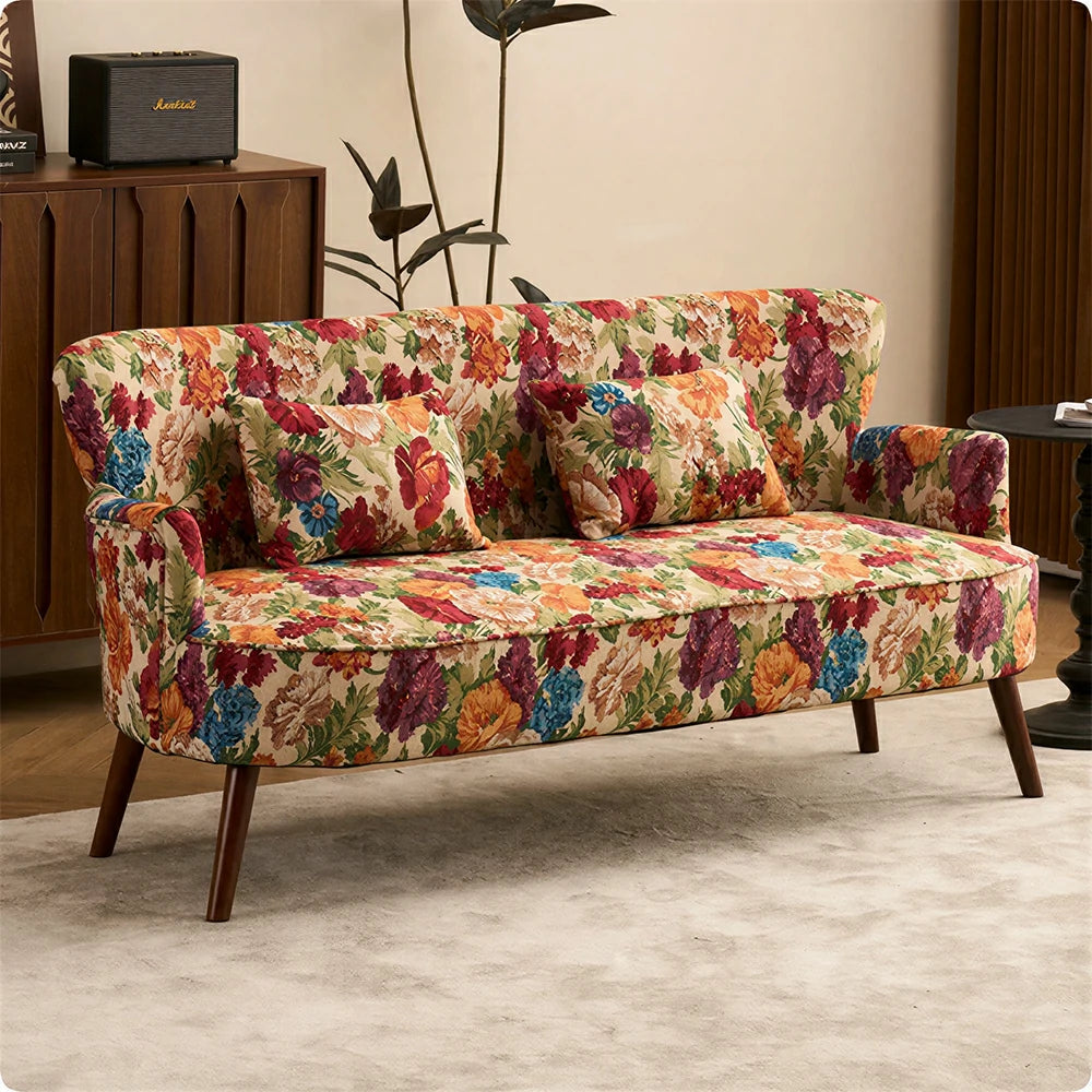 LIVARA Vintage Peony Fabric Sofa with Solid Wood Legs for Living Room - Pink