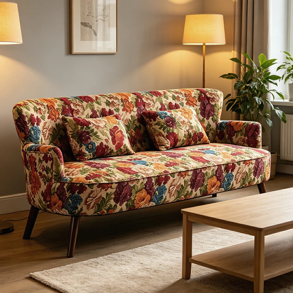 LIVARA Vintage Peony Fabric Sofa with Solid Wood Legs for Living Room - Pink