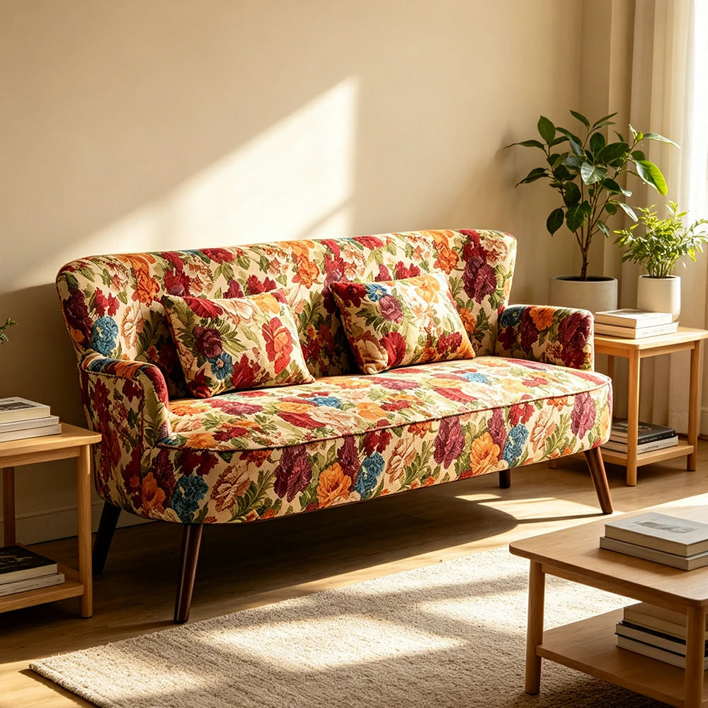LIVARA Vintage Peony Fabric Sofa with Solid Wood Legs for Living Room - Pink