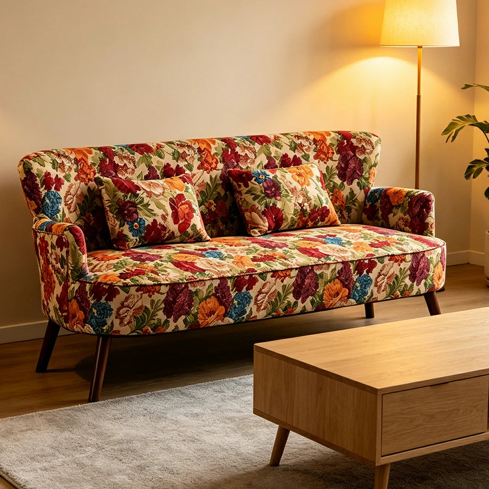 LIVARA Vintage Peony Fabric Sofa with Solid Wood Legs for Living Room - Pink