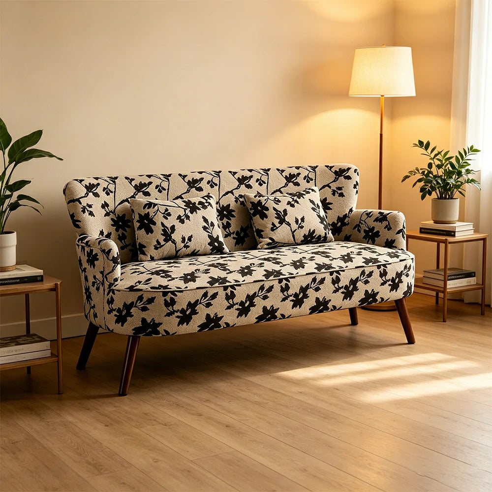 LIVARA Vintage Peony Fabric Sofa with Solid Wood Legs for Living Room - Grey
