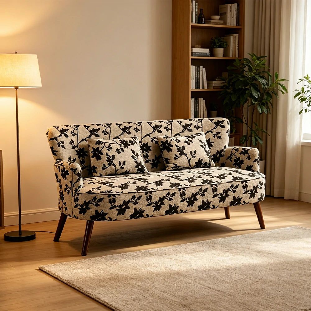LIVARA Vintage Peony Fabric Sofa with Solid Wood Legs for Living Room - Grey