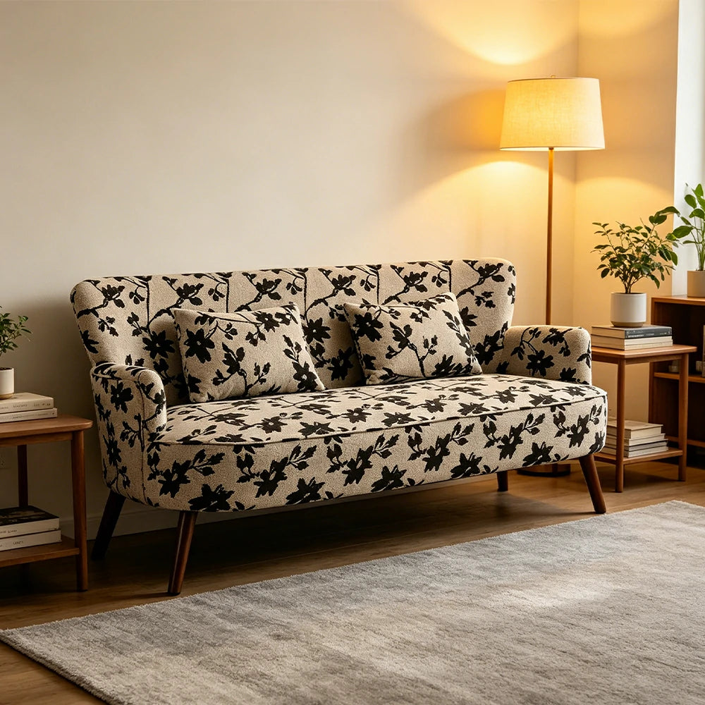 LIVARA Vintage Peony Fabric Sofa with Solid Wood Legs for Living Room - Grey
